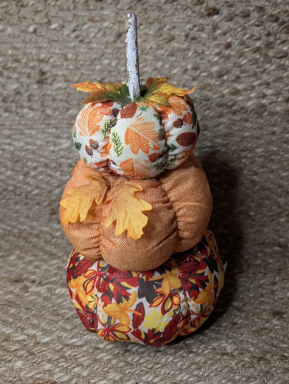 Autumn Fall 3 Tier Plush Fabric Pumpkin Stack Halloween Decor Centerpiece 17"
